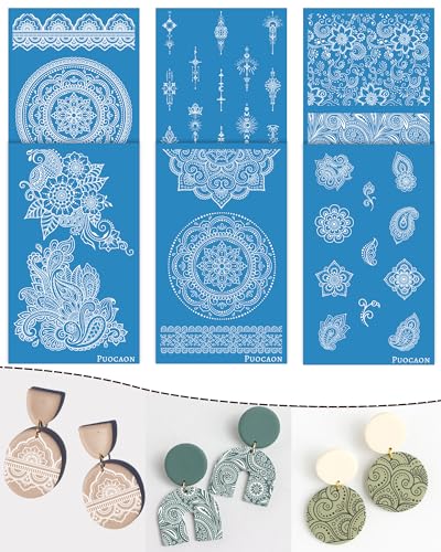 Puocaon Mandala-Modelliermasse-Siebdruck-Schablonen – 6 Stück, wiederverwendbare Siebdruck-Schablonen für Polymer-Ton, Seiden-Siebdruck-Schablonen für Ohrringe, Bohemian-Polymer-Ton von Puocaon
