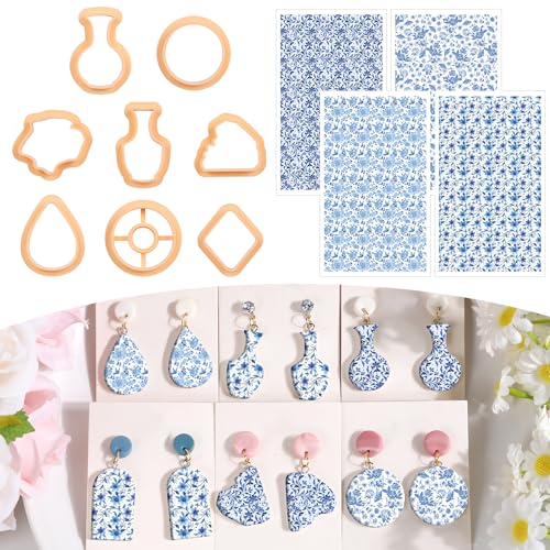 Puocaon Modelliermassen-Ausstechformen – Chinoiserie Ton, Ohrring-Ausstechformen, oval, Donut-Vasen-Form, Schmuck-Design mit 12 Blatt Transferpapier von Puocaon