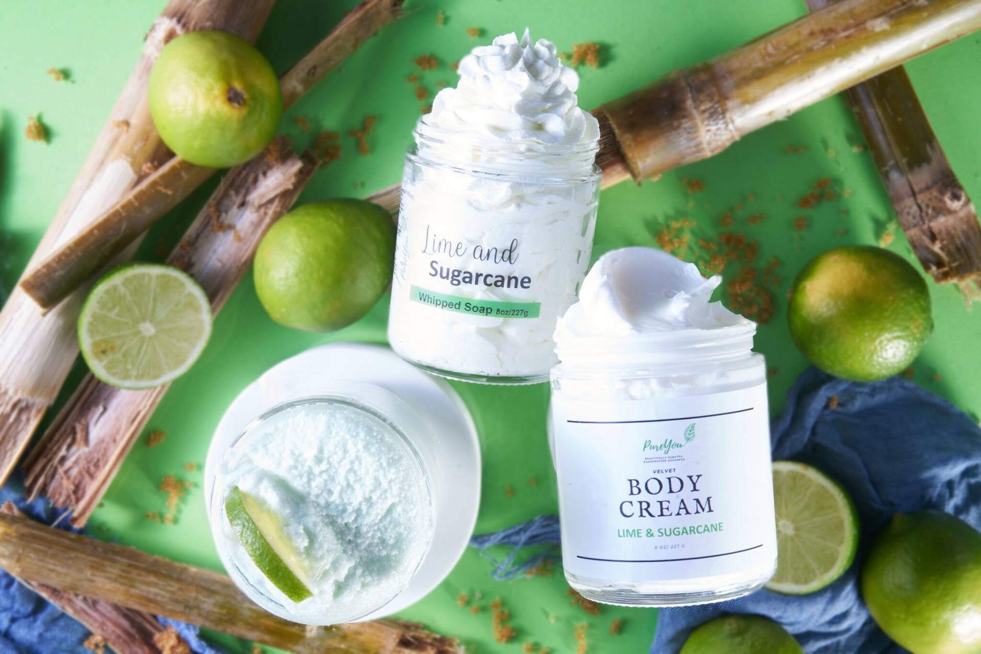 Lime Und Sugarcane Skincare Bundle, Samt Body Cream, Whipped Soap & Sugar Scrub von PureYouHandmade