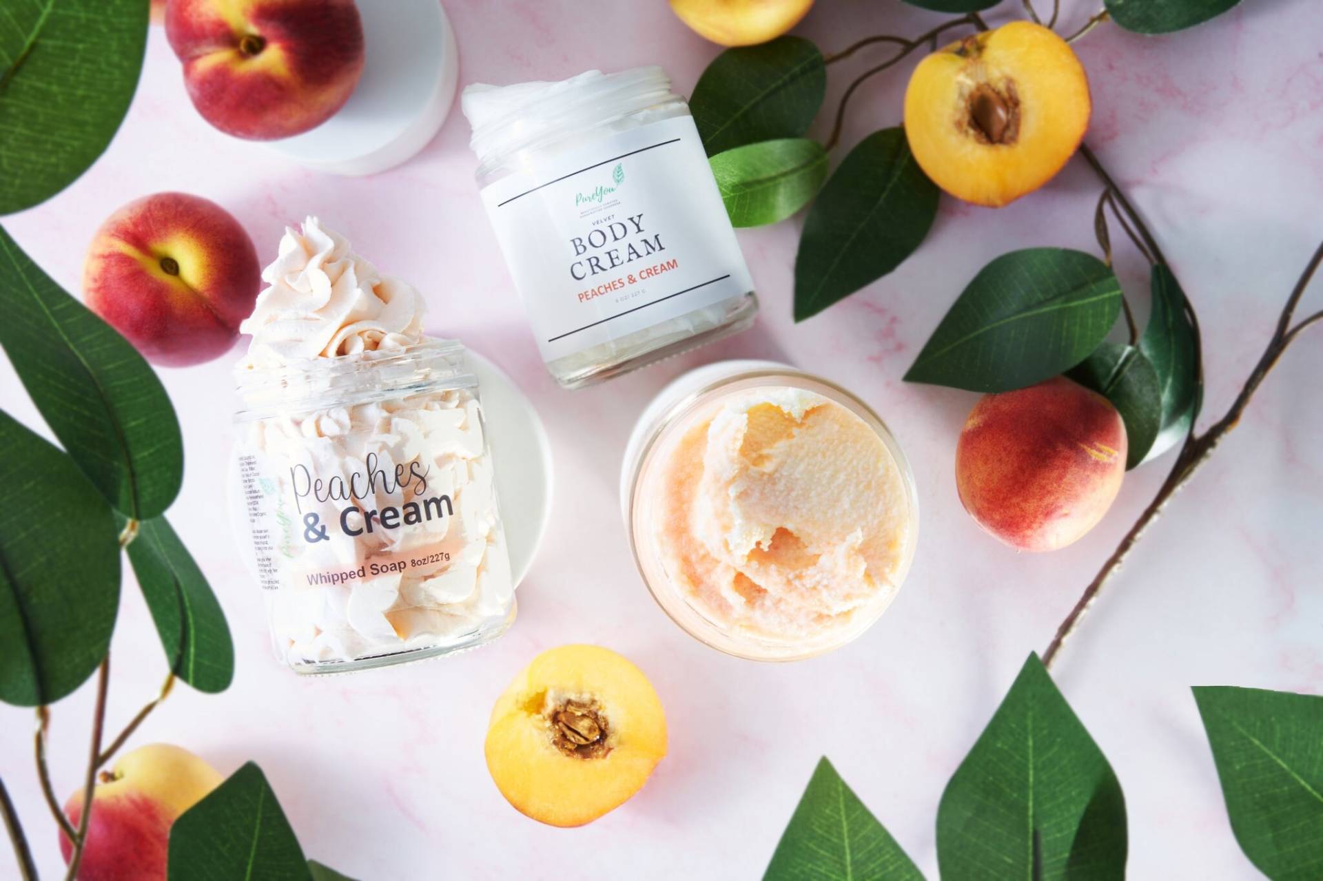 Peaches & Cream Skincare Bundle, Samt Body Cream, Whipped Soap & Sugar Scrub von PureYouHandmade