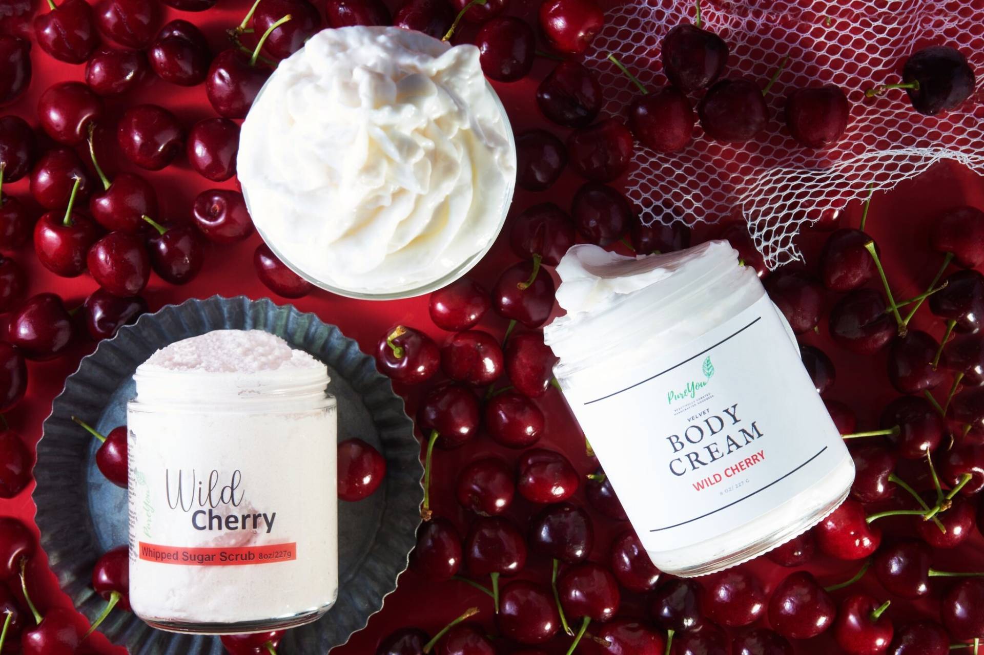 Wild Cherry Skincare Bundle, Samt Body Cream, Whipped Soap & Sugar Scrub von PureYouHandmade