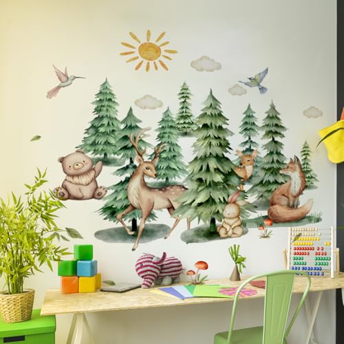 Purekay Wandtattoo Baum Große Aquarell Kiefer Waldtiere Wandaufkleber Grüne Pflanzen Wandsticker Wohnzimmer Kinderzimmer Schlafzimmer Babyzimmer Spielzimmer Wanddeko von Purekay