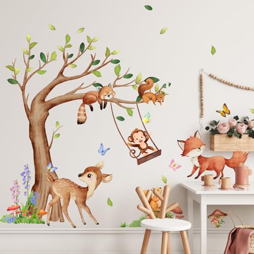 Purekay Wandtattoo Dschungel Tiere Groß Baum Wandaufkleber Hirsch Affe Eichhörnchen Fuchs Waschbär Wandsticker Babyzimmer Kinderzimmer Schlafzimmer Wohnzimmer Wanddeko von Purekay