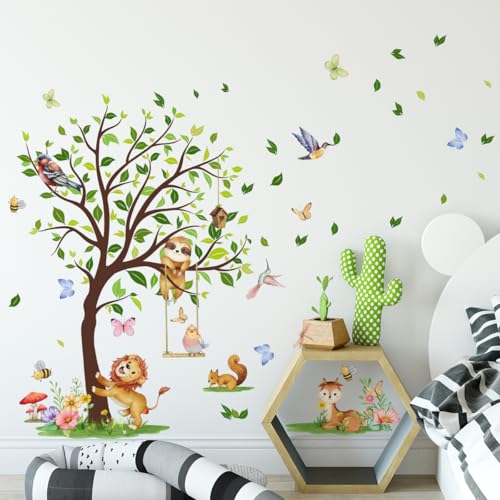 Purekay Wandtattoo Dschungel Tiere Groß Baum Wandaufkleber Löwen Affen Vögel Eichhörnchen Schmetterlinge Bienen Wandsticker Babyzimmer Kinderzimmer Schlafzimmer Wohnzimmer Wanddeko von Purekay