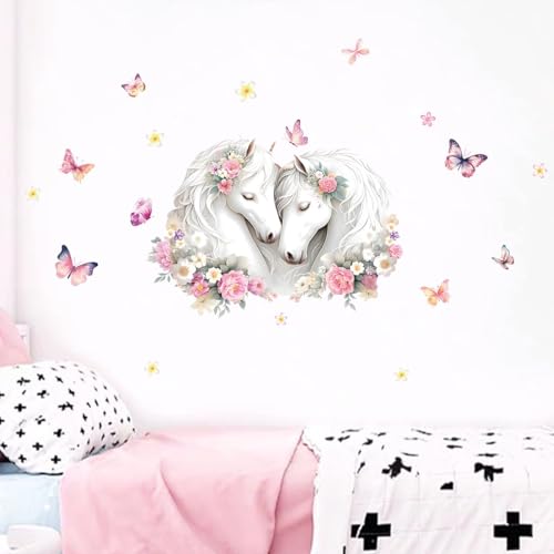 Purekay Wandtattoo Pferdekopf mit Blumen & Schmetterlingen Mädchen Groß Blüten Rosa Wandsticker Schlafzimmer Wohnzimmer Kinderzimmer Wanddeko von Purekay