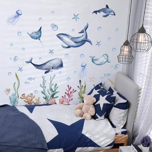 Purekay Wandtattoo Unter dem Meer Qualle Meeresschildkröte Delfine Wale Seetang Wandaufkleber Fische Korallen Bordüre Kinderzimmer Babyzimmer Badezimmer Wanddek von Purekay
