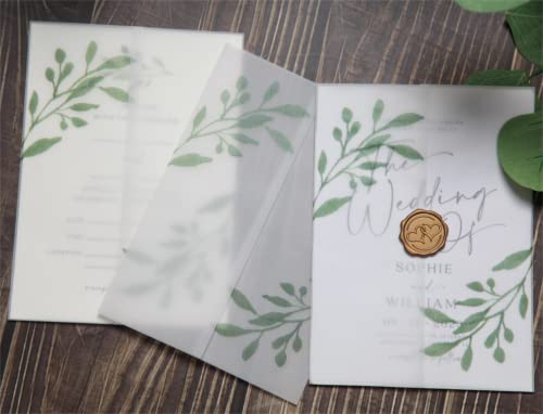 Puremigo 50 Stück Eukalyptus Grün bedruckte vorgefaltete Pergamentumhüllen für 12,7 x 17,8 cm Einladungen – 105 g/m² Pergamentpapier 5 x 7 Jacken – Pergamentpapier Hochzeitseinladungen Wraps – von Puremigo