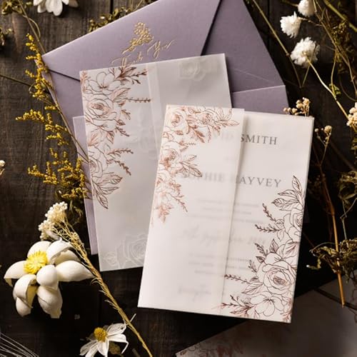 Puremigo 50 Stück vorgefaltete Pergamentumhüllen für 12,7 x 17,8 cm Einladungen – Rotgoldfolienmuster – 105 g/m² Pergamentpapier 5 x 7 Jacken – Pergamentpapier Hochzeitseinladungen Wraps – Puremigo 50 Stück vorgefaltete Pergamentumhüllen für 12,7 x 17,8 cm Einladungen – Rotgoldfolienmuster – 105 g/m² Pergamentpapier 5 x 7 Jacken – Pergamentpapier Hochzeitseinladungen Wraps – von Puremigo