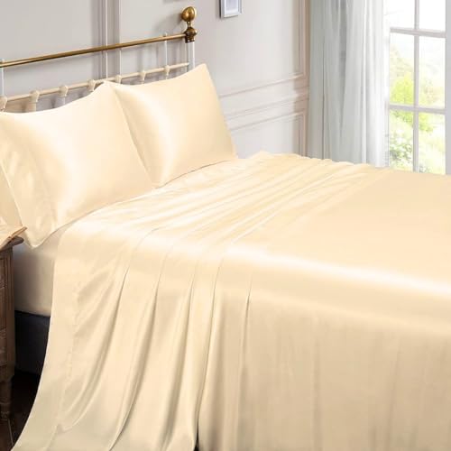 Klassisches Bettwäsche-Set aus reiner Maulbeerseide, Satin, Beige, flach, California-Kingsize-Bett (183 x 213 cm) von Puresilks