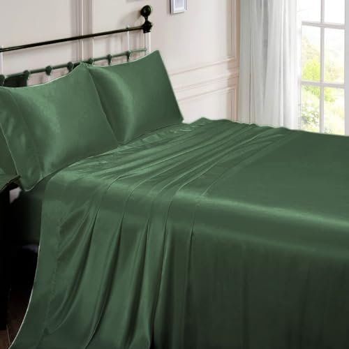 Klassisches Bettwäsche-Set aus reiner Maulbeerseide, Satin, Olivgrün, flach, Queen-Size-Bett (152 x 203 cm) von Puresilks