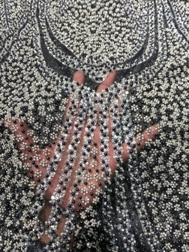 Netzstoff mit Pailletten und Perlen, erhältlich in 2 Farben: Schwarz und Weiß, 142,2 cm breit, Schwarz von Puresilks