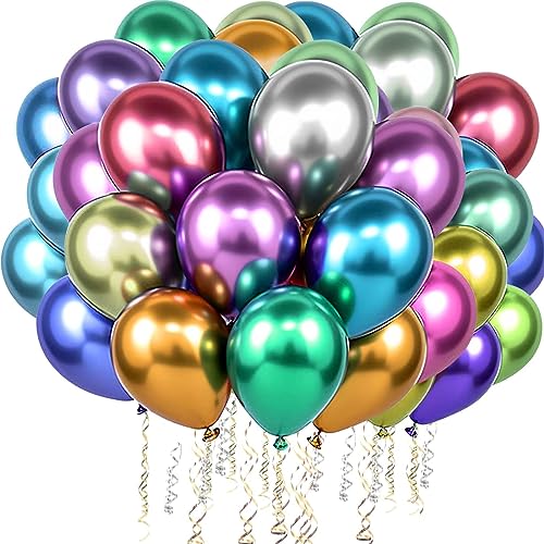 PuretéavHom 60 Stück Luftballons Bunt Helium Ballons mit 3 Rollen farbiger Bänder 12 Zoll Luftballon Latexballons Metallic Luftballons für Geburtstagsdeko Hochzeit Taufe Deko Partydeko von PuretéavHom