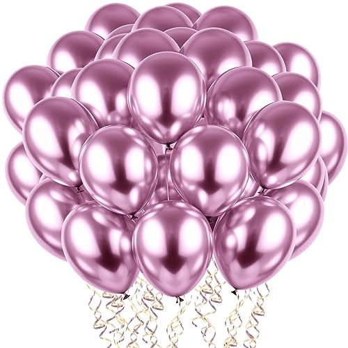 PuretéavHom 60 Stück Luftballons Rosa Helium Ballons mit 3 Rollen farbiger Bänder 12 Zoll Luftballon Latexballons Metallic Luftballons für Geburtstagsdeko Hochzeit Taufe Deko Partydeko von PuretéavHom