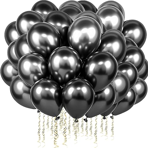 PuretéavHom 60 Stück Luftballons Schwarz Helium Ballons mit 3 Rollen farbiger Bänder 12 Zoll Luftballon Latexballons Metallic Luftballons für Geburtstagsdeko Hochzeit Taufe Deko Partydeko von PuretéavHom