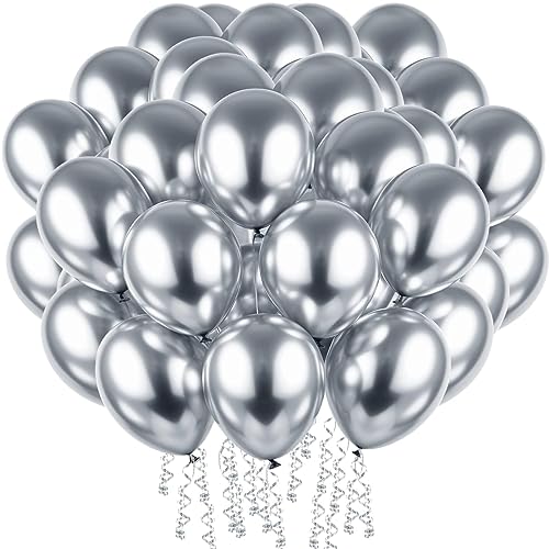 PuretéavHom 60 Stück Luftballons Silber Helium Ballons mit 3 Rollen farbiger Bänder 12 Zoll Luftballon Latexballons Metallic Luftballons für Geburtstagsdeko Hochzeit Taufe Deko Partydeko von PuretéavHom