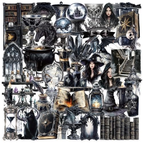 PurityPeck Transparente Scrapbook Sticker, 50 Stück Gothic Witchcraft Ephemera, Dark Aesthetic Aufkleber für Journaling, Spell Books und Festival Dekoration, Kindles, Mopeds und DIY Projekte von PurityPeak