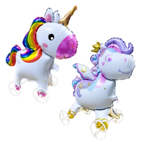 2 Stück Einhorn Folienballon, XXL Einhorn Luftballon, Walking Einhorn Ballon mit Rädern, Einhorn Ballons Stehend, Folienballons Kindergeburtstag Party Ballon Deko von Purphy