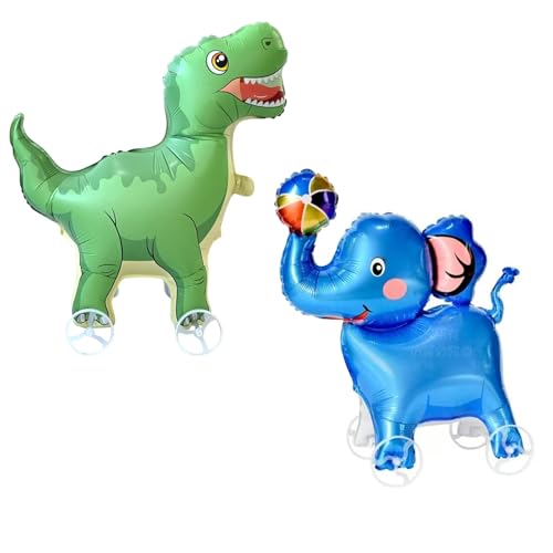 2 Stück Folienballon Waldtiere mit Rädern, Dinosaurier Elefant Waldtiere Ballon für Kinder Geburtstag Party Deko Geschenk (Dinosaurier + Elefant) von Purphy
