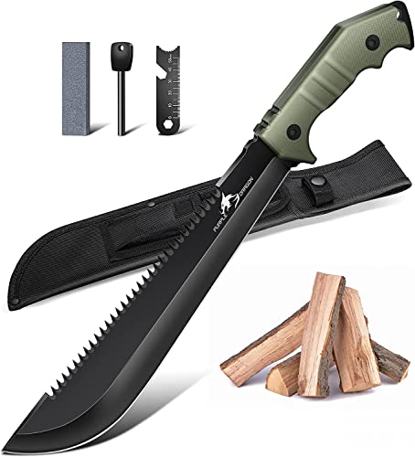 Purple Dragon Großes Outdoor Messer mit Scheide, Full Tang Jagdmesser aus einem Stück D2 Stahl gefertigt, Survival zum Sägen von Holz, Bushcraft Outdoor, Geschenke für Männer von Purple Dragon