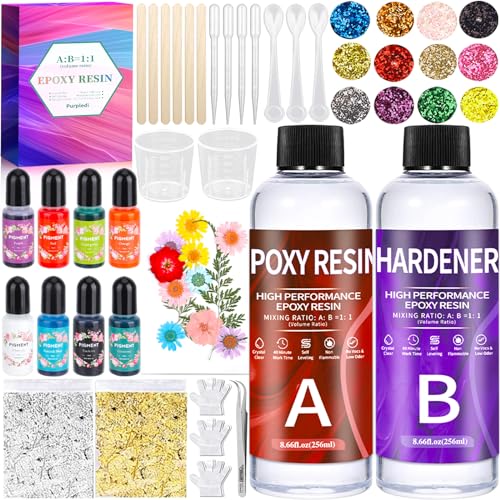 Purpledi Epoxidharz Set Anfänger 510ml, 1:1 Verhältnis Glasklar Resin harz Gießen Set Mit Epoxidharz Zubehör, Glitzer, holzstäbchen, messbecher, für Kunstprojekt, schmuckherstellung, Handwerk von Purpledi