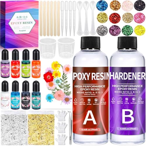 Purpledi Epoxidharz Set Anfänger 510ml, 1:1 Verhältnis Glasklar Resin harz Gießen Set Mit Epoxidharz Zubehör, Glitzer, Holzstäbchen, Messbecher, für Kunstprojekt, Schmuckherstellung, Handwerk von Purpledi