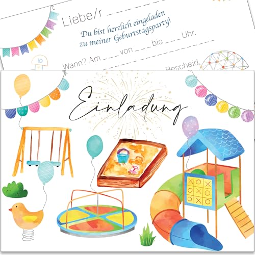Einladungskarten Kindergeburtstag Spielplatz – 20 Stück A6 mit fröhlichem Spielplatz-Motiv – Aus recyceltem Karton Einladungskarten Kindergeburtstag Spielplatz – 20 Stück A6 mit fröhlichem Spielplatz-Motiv – Aus recyceltem Karton von Pusteblume Grusskarten