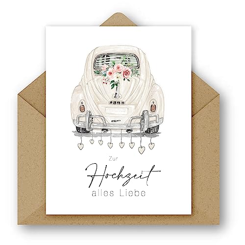 Pusteblume Grusskarten 2 x Hochzeitskarte mit Auto auf der Vorderseite im Aquarellstil gemalt Karte Hochzeit - (2 Stück) von Pusteblume Grusskarten