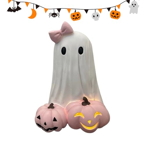 Puwaiio Halloween-Figuren, Halloween -Mädchen Figur Mit Rosa Schleife, Deko Skulptur Gruselige Wohnaccessoires Für Geburtstag Party Deko Wohnzimmer Schlafzimmer Nachttisch von Puwaiio