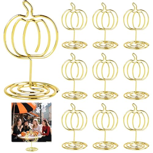 Puwaiio Tischnummernhalter - Tischnummernhalter Gold Kürbis | 10 Stücke Metall Clips Herbst Deko Für Geburtstag Erntedankfest Lebensmittel Schilder Servietten von Puwaiio