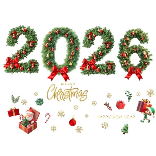 Puwaiio Weihnachts Fensterfolie,2026 Frohe Weihnachten Statische Aufkleber für Glastüren | Abziehbare Fenster Deko Winterdeko Für Wohnzimmer Schlafzimmer von Puwaiio