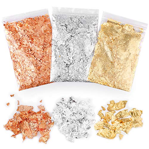 3 Packs Imitation Gold Flocken, 15g Blattmetall Gold Blattgold Flakes Gold Blatt und Silber Blatt für Kunst, Vergoldung Handwerk, Harzkunst Kunsthandwerk Nagelkunst Möbel Dekoration, mit 2 Pinzetten von Pwsap