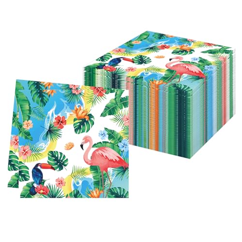 60 Stück Flamingo Party-Servietten,Servietten Tukan Bunt Papierservietten Hawaii Grün Papierservietten Sommer Monstera Cocktail-Servietten Flamingo Party-Servietten Abendessen Servietten,33x33cm von Pwsap