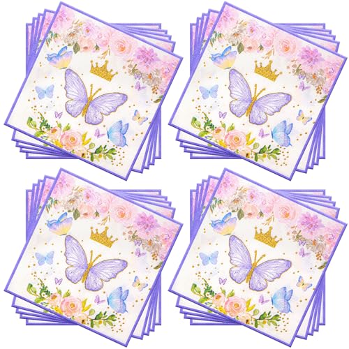 60 Stück Schmetterling Party-Servietten,Servietten Lila Papierservietten Butterfly Papierservietten Sommer Frühling Cocktail-Servietten Party-Servietten Abendessen Servietten,33x33cm von Pwsap