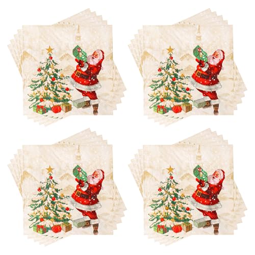 60 Stück Servietten, Bunte Papierservietten Paper Napkins, Wegwerfservietten Bedruckte Papiertaschentücher (Gold Weihnachtsmann) von Pwsap