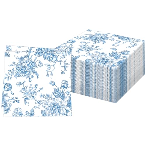 60 Stück blaue Chinoiserie-Servietten,Frühling Sommer Papierservietten Paper Napkins Blume Wegwerfservietten Bedruckte Blumen Weiche Papiertaschentücher Partyzubehör Tischdekoration,33 x 33 cm von Pwsap