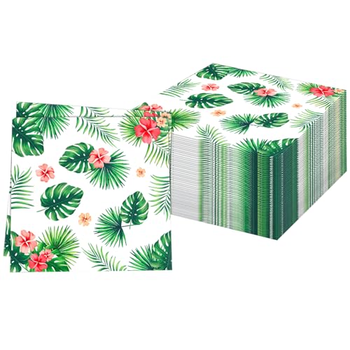 60Stück Hawaii Monstera-Blätter Servietten,Frühling Sommer Papierservietten Paper Napkins Hibiskus Plumeria Wegwerfservietten Bedruckte Grün Papiertaschentücher Partyzubehör Tischdekoration,33 x 33 cm von Pwsap