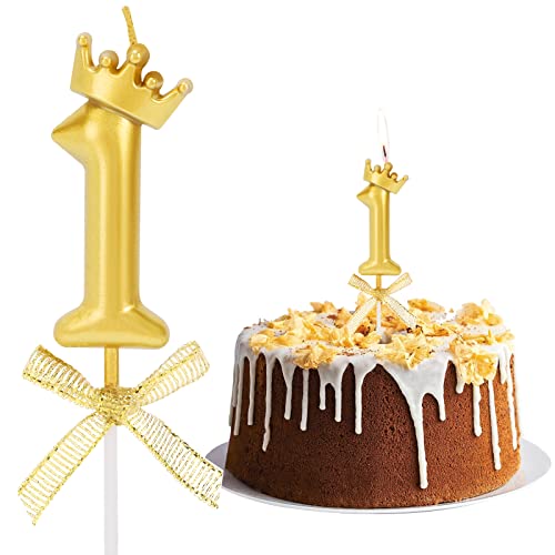 Geburtstag Nummer Kerzen, Zahlenkerze mit Schleife und Krone Mädchen Geburtstagskerzen Kuchen Kerzen Zahl 1 Glitzer Kuchen Topper Dekoration für Hochzeit Geburtstag Jubiläum Feier Abschluss, Golden von Pwsap