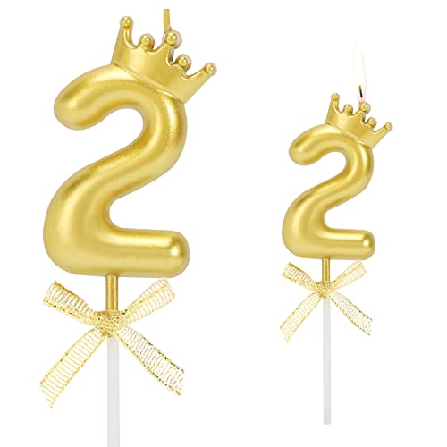 Geburtstag Nummer Kerzen, Zahlenkerze mit Schleife und Krone Mädchen Geburtstagskerzen Kuchen Kerzen Zahl 2 Glitzer Kuchen Topper Dekoration für Hochzeit Geburtstag Jubiläum Feier Abschluss, Golden von Pwsap