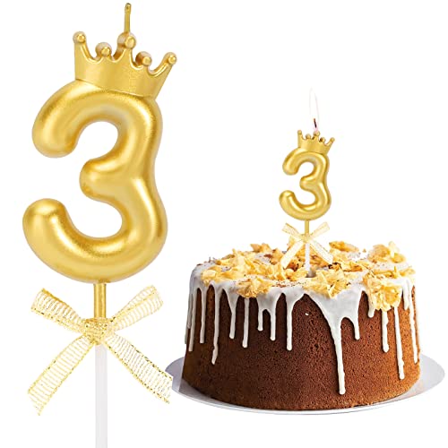 Geburtstag Nummer Kerzen, Zahlenkerze mit Schleife und Krone Mädchen Geburtstagskerzen Kuchen Kerzen Zahl 3 Glitzer Kuchen Topper Dekoration für Hochzeit Geburtstag Jubiläum Feier Abschluss, Golden von Pwsap