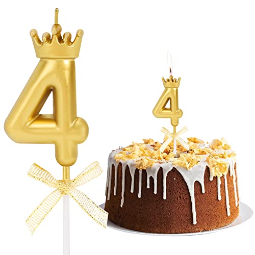 Geburtstag Nummer Kerzen, Zahlenkerze mit Schleife und Krone Mädchen Geburtstagskerzen Kuchen Kerzen Zahl 4 Glitzer Kuchen Topper Dekoration für Hochzeit Geburtstag Jubiläum Feier Abschluss, Golden von Pwsap