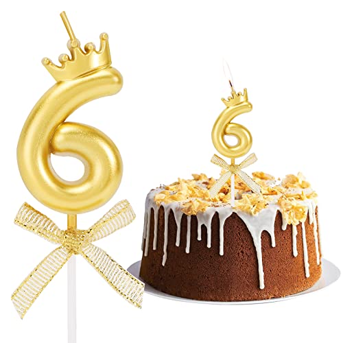 Geburtstag Nummer Kerzen, Zahlenkerze mit Schleife und Krone Mädchen Geburtstagskerzen Kuchen Kerzen Zahl 6 Glitzer Kuchen Topper Dekoration für Hochzeit Geburtstag Jubiläum Feier Abschluss, Golden von Pwsap