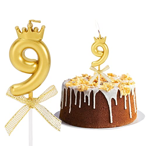 Geburtstag Nummer Kerzen, Zahlenkerze mit Schleife und Krone Mädchen Geburtstagskerzen Kuchen Kerzen Zahl 9 Glitzer Kuchen Topper Dekoration für Hochzeit Geburtstag Jubiläum Feier Abschluss, Golden von Pwsap