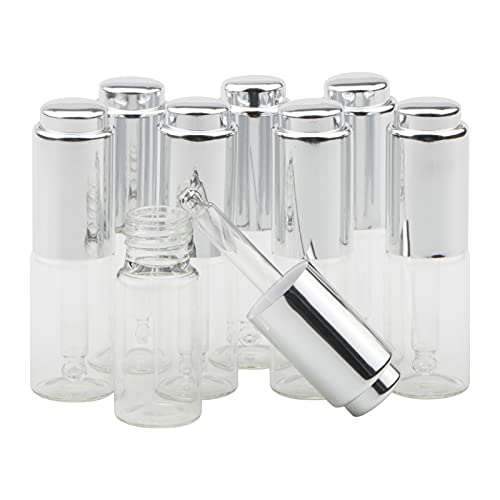 Pxyelec 10 ml Transparente Glas Tropfflasche mit silberner Druckpumpe, Pipettenflasche für Ätherisches Öl, Kosmetikbehälter, Parfümöle, Flüssigkeit 8 Stück von Pxyelec