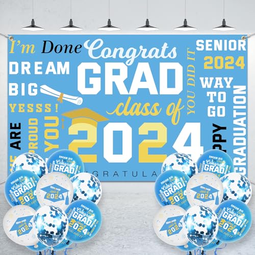 Abschlusskulisse 2024 Abschlussfeier Dekorationen Congrats Grad Banner Hintergrund mit Luftballons Abschlussdekorationen Klasse 2024 Schild Fotografie Hintergrund für High School & College (Blau) von Pymurod