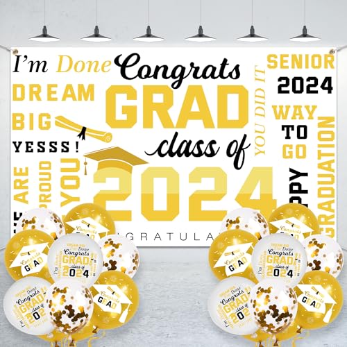 Abschlusskulisse 2024 Abschlussfeier Dekorationen Congrats Grad Banner Hintergrund mit Luftballons Abschlussdekorationen Klasse 2024 Schild Fotografie Hintergrund für High School & College (Gold) von Pymurod