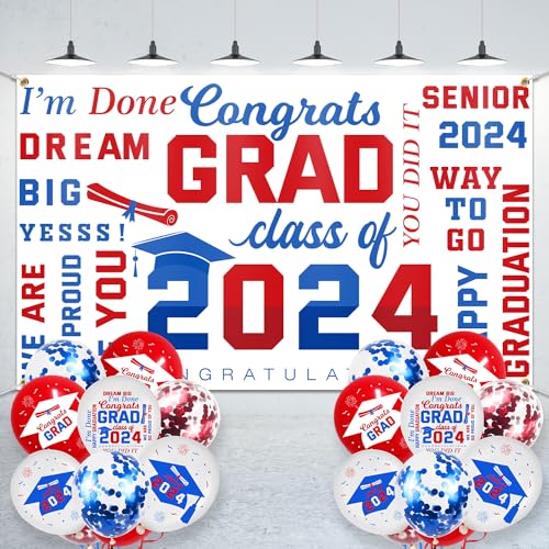 Abschlusskulisse 2024 Abschlussfeier Dekorationen Congrats Grad Banner Hintergrund mit Luftballons Abschlussdekorationen Klasse 2024 Schild Fotografie Hintergrund für High School & College (Weiß Rot) von Pymurod