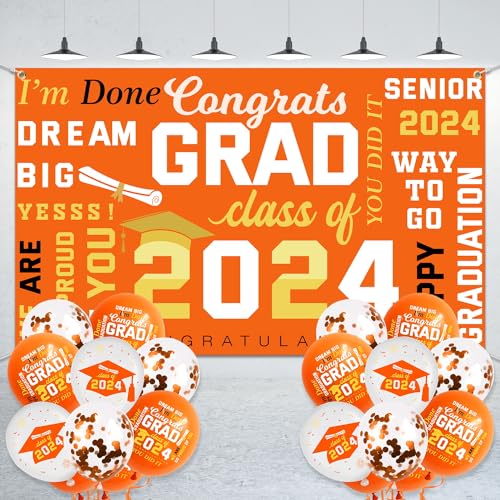 Abschlusskulisse 2024 Abschlussfeier Dekorationen Congrats Grad Banner Hintergrund mit Luftballons Abschlussdekorationen Klasse 2024 Schild Fotografie Hintergrund für High School & College (Orange) von Pymurod