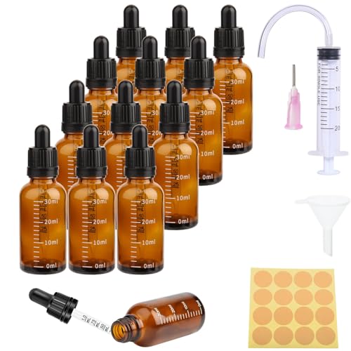 12 Stück Pipettenflasche 30ml Tropfflasche Brown Dropper Bottle Flasche Mit Pipette und Skala GlasfläSchchen Braunglas mit 5 Hilfsmitteln Für ätherische öL, ParfüMöLe, Aromatherapie,DüFte,FlüSsigkeit von Pyroclasia