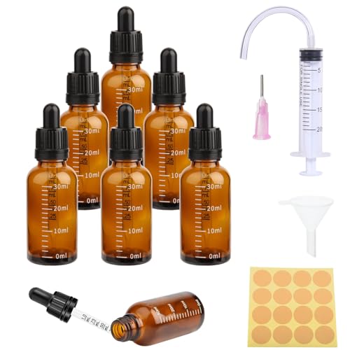 6 Stück Pipettenflasche 30ml Tropfflasche Brown Dropper Bottle Flasche Mit Pipette und Skala GlasfläSchchen Braunglas mit 5 Hilfsmitteln Für ätherische öL, ParfüMöLe, Aromatherapie,DüFte,FlüSsigkeit von Pyroclasia