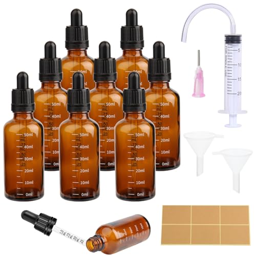 8 Stück Pipettenflasche 50ml Tropfflasche Brown Dropper Bottle Flasche Mit Pipette und Skala GlasfläSchchen Braunglas mit 18 Hilfsmitteln Für ätherische öL, ParfüMöLe, Aromatherapie,DüFte,FlüSsigkeit von Pyroclasia